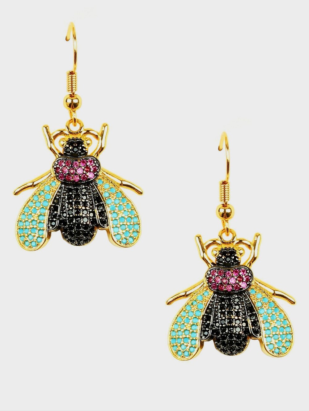 Erlea Gold Fly Drop Earrings with Turquoise and Pink Crystals